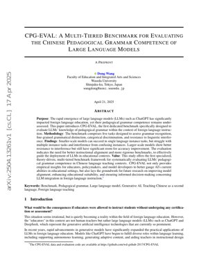 جلد سند PDF - CPG-EVAL: یک معیار چندسطحی برای ارزیابی شایستگی دستور زبان آموزشی چینی در مدل‌های زبانی بزرگ