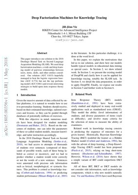 PDF Document Cover - Deep Factorization Machines for Knowledge Tracing: Analysis of the 2018 Duolingo SLAM Solution
