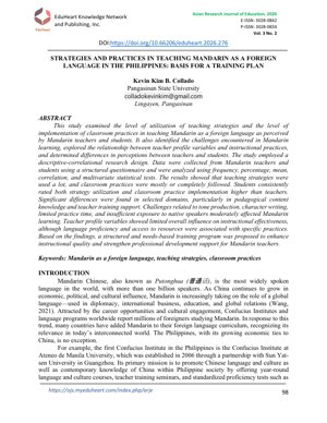 Murfin Takardar PDF - Dabarun Koyar da Harshen Sinanci a matsayin Harshen Waje a Ƙasar Philippines: Tushen Shirin Horarwa